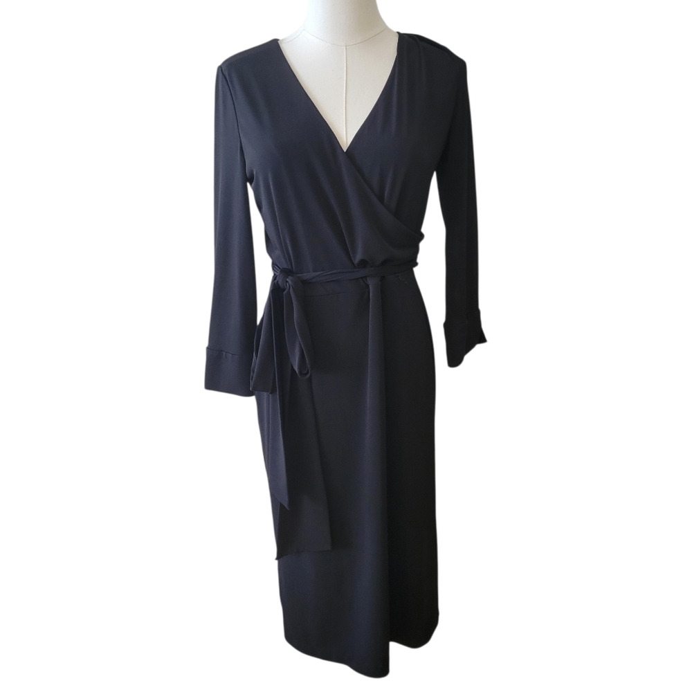 Calvin‎ Klein Black Belted Faux Wrap Midi Dress Size Medium